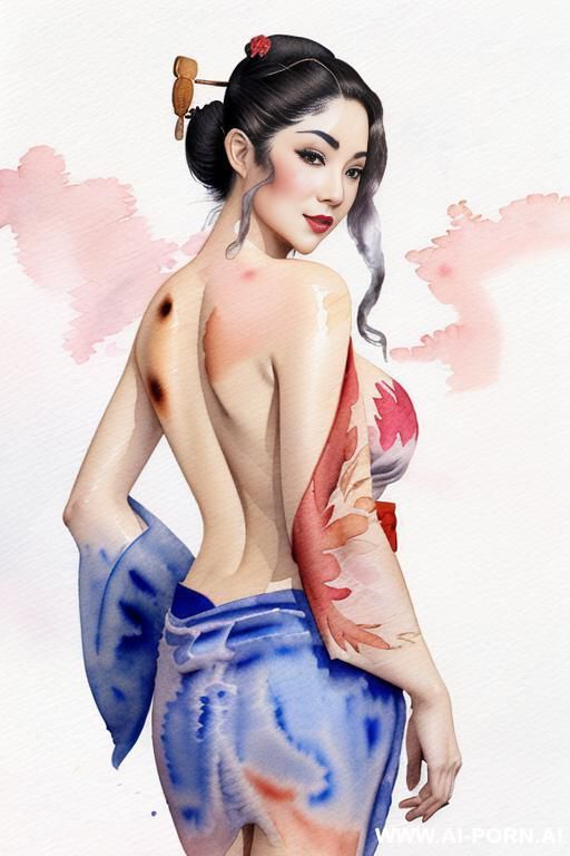 ((((image comic-drawing watercolor style)))) down level shot (((( face)))) ((((seductive gaze)))) ((((geisha)))) smile shocked face bending over standing on , ((((kimono d over the shoulders)))) , - #main