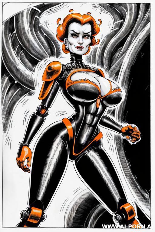 ((((image comic-drawing cartoon style)))) by giger. a ginger woman with wide hips is trapped on her back wi the coils of an giant anaconda. ((((image comic-drawing cartoon style)))) in the giger - #main