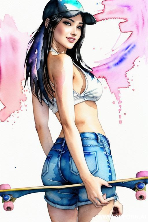 ((((at the street)))) ((((skate board)))) ((((image comic-drawing watercolor style)))) down level shot boobs in closedup ((((seductive gaze)))) from behind pretty japanese woman full lips smile shocked - #main