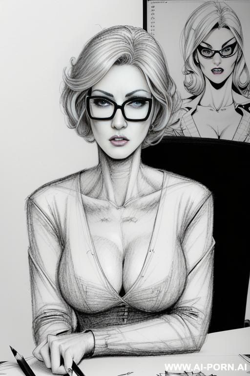 ((((image comic-drawing pencil style)))) ((((medium body shot)))) ((((in the office)))) ((((anger)))) pretty italian woman full lips, muscle fit , black short skirt , white long-sleeved shirt on - #main
