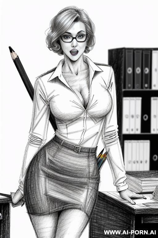 ((((image comic-drawing pencil style)))) ((((medium body shot)))) ((((in the office)))) ((((silly face)))) pretty italian woman full lips, muscle fit , black short skirt , white long-sleeved shirt on - #main