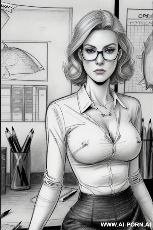 ((((image comic-drawing pencil style)))) ((((medium body shot)))) ((((in the office)))) ((((very serious face)))) pretty italian woman full lips, muscle fit , black short skirt , white long-sleeved - #main