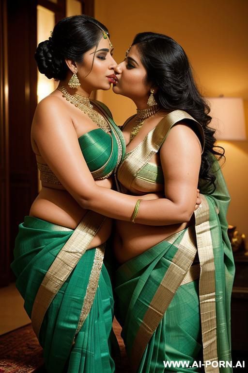 one ancient indian chubby queen in a elegante green saree is kissing her favourite chubby full naked female servant with shaved vagina - #main