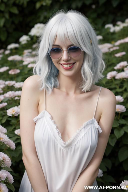 pretty, very natural, ukrainian, 20, flowing wavy hair, platinum blonde hair, very white skin, perfect very broad smile, natural, spreading legs, blurred background, flower garden background, perfect - #main