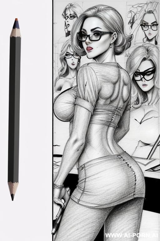 ((((image comic-drawing pencil style)))) ((((medium body shot)))) (((in the office)))) ((((very serious face)))) ((((from behind)))) ((((pouting lips)))) pretty italian woman full lips, muscle fit , black - #main