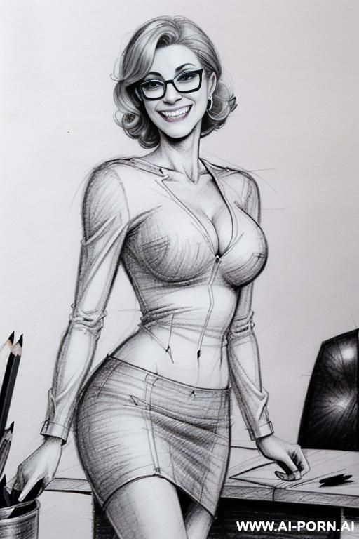 ((((image comic-drawing pencil style)))) ((((medium body shot)))) ((((in the office)))) ((((smiling)))) ((((silly face)))) pretty italian woman full lips, muscle fit , black short skirt , white - #main
