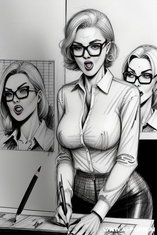 ((((image comic-drawing pencil style)))) ((((medium body shot)))) ((((in the office)))) ((((crooked open mouth face silly)))) pretty italian woman full lips, muscle fit , black short skirt , white - #main
