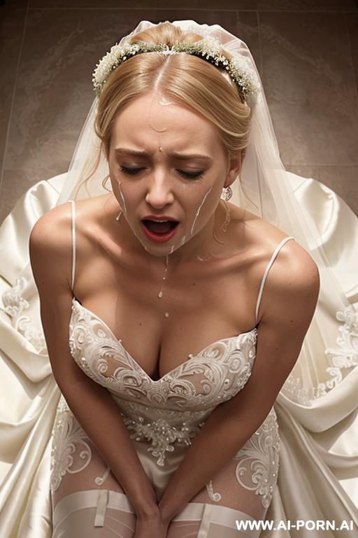 dream fantasy totally naked white bride, blonde, white thigh high stockings, wedding veil, flower crown, kneeling down, blowjob, covered in cum - #main
