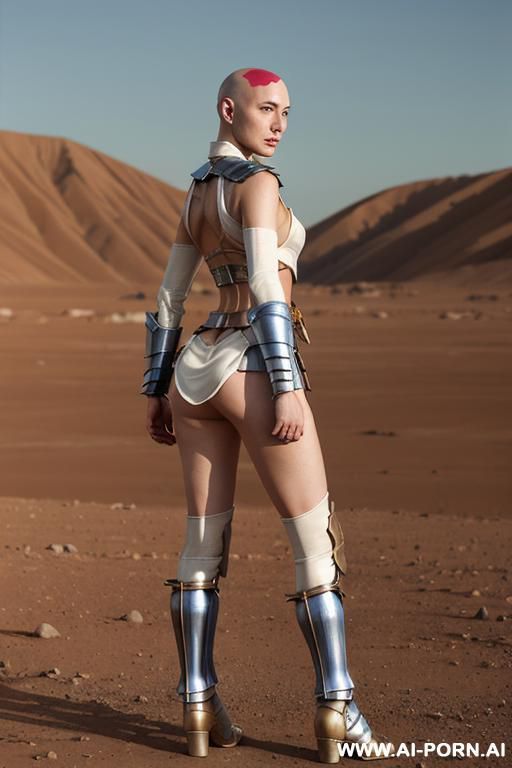 hyperrealism painting: full-length of slender bald japanese woman, age twenty, ((a cup teardrop boobs)), on the desert field, bald head, she wear transparent plastic long robe too and yellow satin - #main