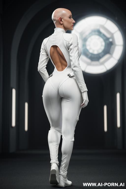 bald androgynous slight woman, perfect androgynous, man chest, round ass milf in a long sci-fi elegant dress, atompunk, she is runing away - #main