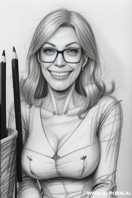 ((((image comic-drawing pencil style)))) ((((medium body shot)))) ((((in the office)))) ((((crooked smiling mouth)))) ((((silly face)))) pretty italian woman full lips, muscle fit , black short skirt , - #main