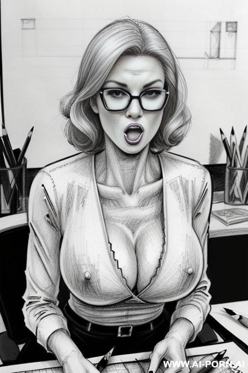 ((((image comic-drawing pencil style)))) ((((medium body shot)))) (((in the office)))) ((((open mouth)))) ((((very serious face)))) ((((sit sideways)))) pretty italian woman full lips, muscle fit , black - #main