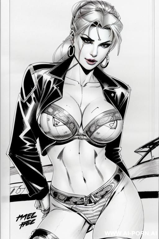 ((((image comic-drawing style)))) ((((squating)))) down level shot boobs in closedup sky cloudy at sunset at the outdoor motorcycle superbike festivalshows pretty italian woman full lips shocked face - #main