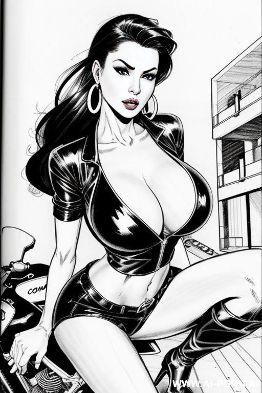 ((((image comic-drawing style)))) view fish eye lens view down level shot boobs in closedup sky cloudy at sunset at the outdoor motorcycle superbike festivalshows pretty italian woman full lips - #main