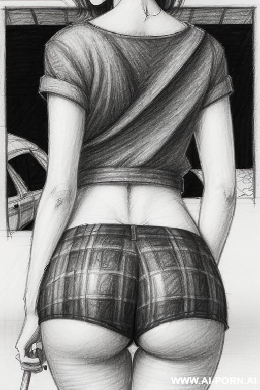 ((((landscape a under ground parking)))) (((image comic-drawing pencil style))) (((close up ass shot))) (from behind) ((((chuby cheek)))) ((((walking)))) shirt with a knot at the waist and plaids (((image comic-drawing pencil style))) - #main