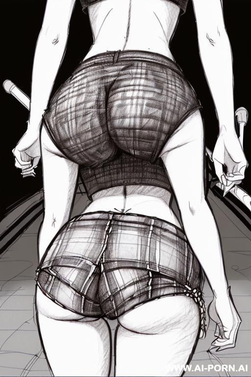 ((((landscape a under ground parking)))) (((image comic-drawing pencil style))) (((close up ass shot))) ((((sexy)))) (from behind) ((((chuby cheek)))) ((((walking)))) shirt with a knot at the waist and plaids (((image comic-drawing pencil style))) - #main