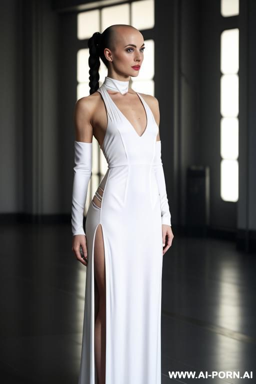 bald androgynous woman, perfect androgynous, man chest, round ass milf in a long sci-fi elegant dress, atompunk - #main