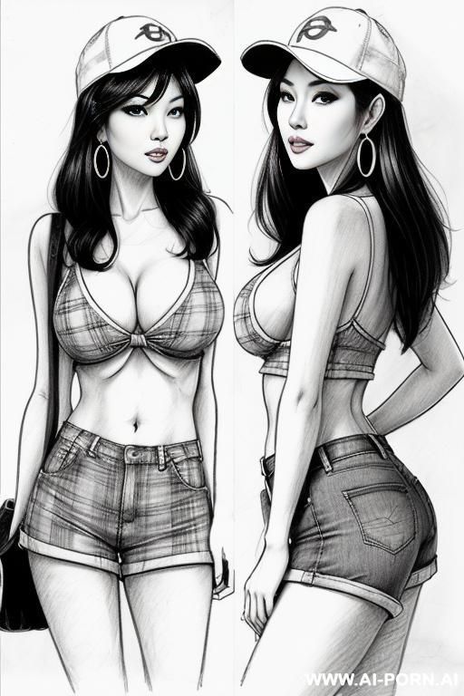 landscape photographic studio , (((image comic-drawing pencil style))) (((medium body shot))) (hoop earrings) long, chuby, (((confused))) brunette pixie haircut (sexy slut) ((((japanese woman)))) (((huge - #main
