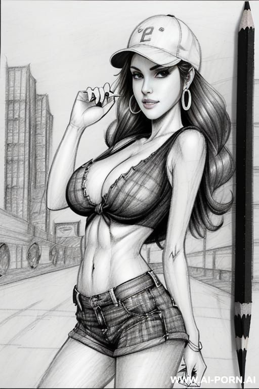 ((((image comic-drawing pencil style))) (((full body shot))), (at the sunset) (oíl skin body) , (hoop earrings), long, chuby, ((((sadly)))), brunette pixie haircut, (sexy slut), (((most beautiful woman - #main