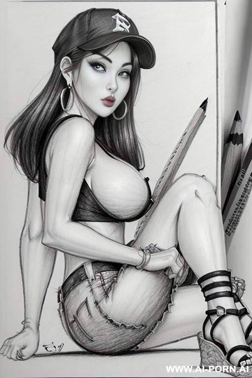 ((((image comic-drawing pencil style))) ((((boobs on close up)))) , (((medium body shot))) , (hoop earrings), brunette pixie haircut, (sexy slut) ,((((pouting lips)))) ((((japanese woman)))) , ((((huge - #main