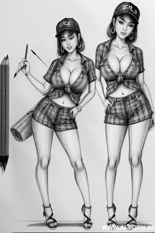 ((((cartoon)))) ((((image drawing pencil style))) (((full body shot))), (at the sunset) (oíl skin body) , (hoop earrings), long, chuby, brunette pixie haircut, (sexy slut), (((most beautiful japanese - #main