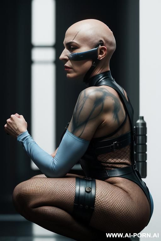 side view of the bald androgynous slight stunted woman, perfect androgynous, man chest, light blue sci-fi silk wear, round ass, sci-fi bald slight criminal, cyberpunk, weared sci-devices, white background, side view - #main