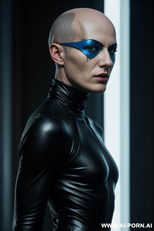 bald androgynous slight stunted woman, perfect androgynous, man chest, red sci-fi silk wear, round ass, cyberpunk, weared sci-devices - #main