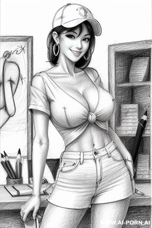 ((((cartoon)))) ((((image drawing pencil style))) (((mediun body shot))), (at the sunset) (oíl skin body) , (hoop earrings), long, thick, brunette pixie haircut, (sexy slut), (smiling) (((most beautiful - #main