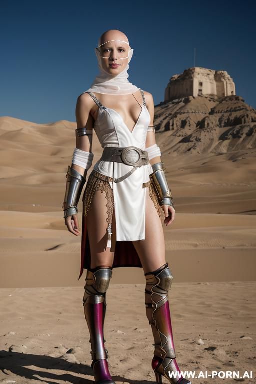 hyperrealism painting: full-length of slender bald japanese woman, niqab, robe lace red and black, age twenty, ((a cup teardrop boobs)), on the desert field, bald head, she wear transparent plastic - #main