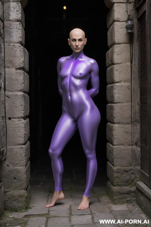 bald androgynous slight stunted sci-fi woman in the light purple cloack, perfect androgynous, man chest, round ass, barefooted - #main