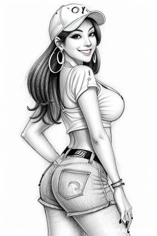 ((((cartoon)))) ((((image drawing pencil style))) (((mediun body shot))), (at the sunset) (oíl skin body) , (hoop earrings), long, thick, brunette pixie haircut, (sexy slut), (((smiling most beautiful - #main