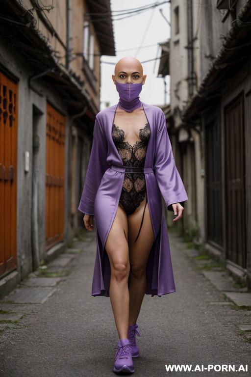 bald androgynous slight stunted sci-fi woman in the light purple cloack, perfect androgynous, man chest, round ass, barefooted, niqab, robe lace, sci-fi sneakers on the foots, cyberpunk - #main