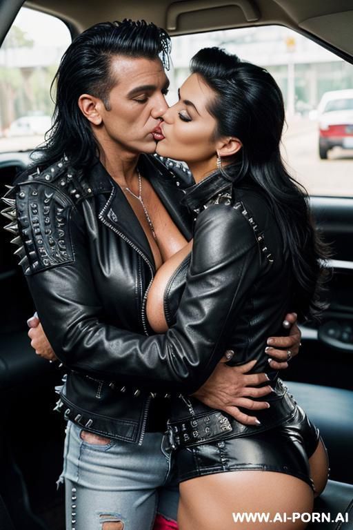 ((((colombian gilf hugging and kissing a very handsome muscular twenty year old punk man on the lips)))) (((((((gigantic tits))))))) and (((long hair))), (((makeup))) , (((tight spiked studded black - #main