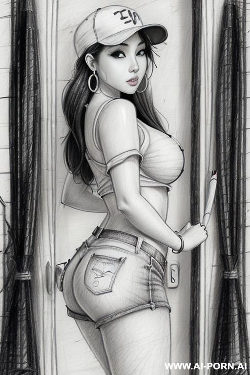 ((((cartoon)))) ((((image drawing pencil style))) (((mediun body shot))), (oíl skin body) , (hoop earrings), long, thick, brunette pixie haircut, (sexy slut), (((most beautiful japanese woman ever))), - #main