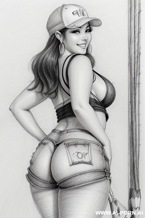 ((((cartoon)))) ((((image drawing pencil style))) (((mediun body shot))), (oíl skin body) , (hoop earrings), long, brunette pixie haircut, (sexy slut), (((most beautiful japanse woman ever smiling))), - #main