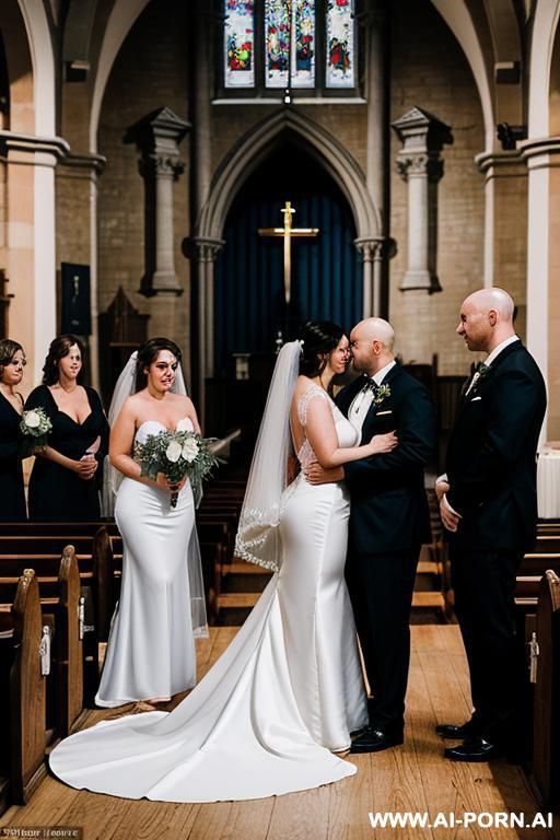 a man in a black suit and a fully naked chubby bride female with shaved vagina in the crowded church, the wedding with naked bride - #main