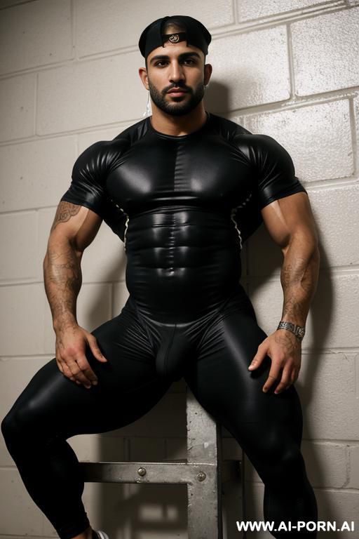 a hyper-muscular gay man wearing a tight spandex bodysuit enters the gym. he has a baseball cap with the visor facing backds and piercings in his ears. he also has piercings in his nipples. - #main