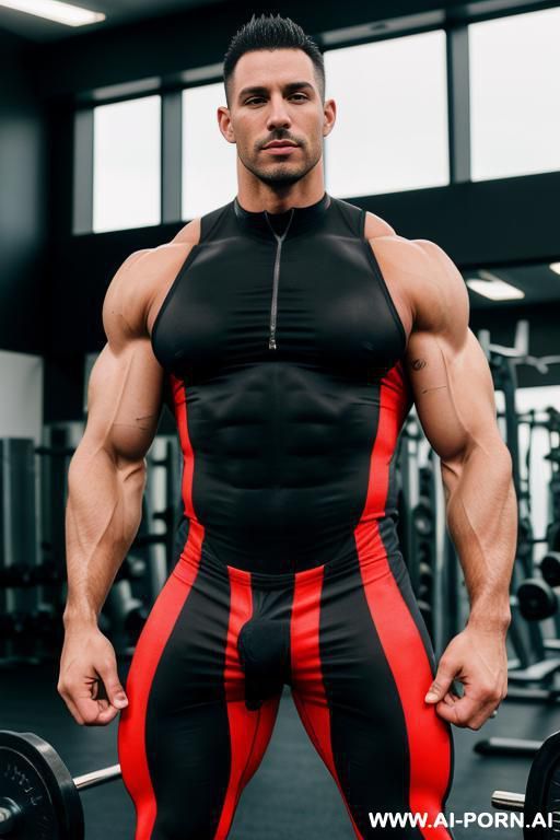 a hyper-muscular gay man wearing a spandex bodysuit enters the gym. he has well-defined muscles on his chest, abs, buttocks, arms, and legs, and his penist. he has piercings in his nipples. he is wearing sneakers. - #main