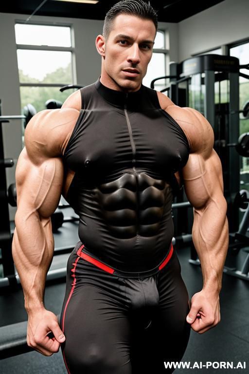 a hyper-muscular gay man wearing a spandex bodysuit enters the gym. he has well-defined muscles on his chest, abs, buttocks, arms, and legs, and his penist. he has piercings in his nipples. he is wearing sneakers. - #main