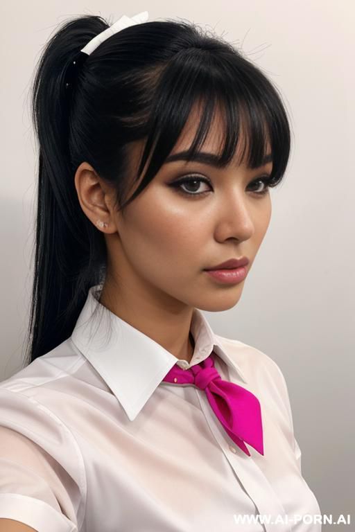 1woman, thai high , thai ripped uniform, portrait selfie, neutral expression, subtle eyeliner, pink blush, the hairstyle is high long black ponytail, large white hair bow, see-through bangs, - #main