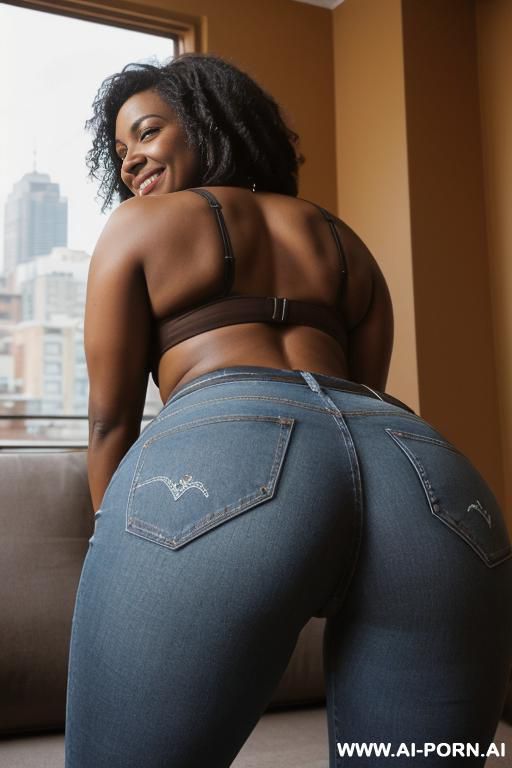 ebony latina, regular fit blue jeans, belt, brown riding flats boots, ((view form the ground)), ((extra low angle)), lean twerking, spread butt, spreading legs ((full body view)), from behind, ((extra zoom on ass)), ((roof livingroom)) - #main