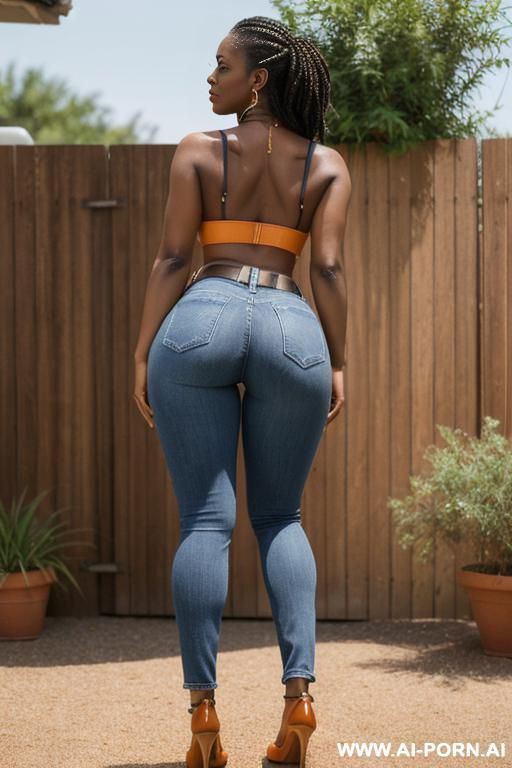 ebony, straight blue jeans, belt, orange leather top, oxford shoes, ((view form the ground)), ((extra low angle)), lean twerking, spread butt, spreading legs ((full body view)), from behind, ((extra zoom on ass)), ((porn studio backyard)) - #main