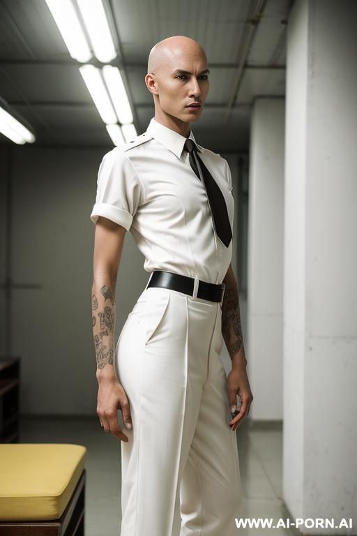 full-length perfect androgynous bald 1woman, thai high, man chest, masculine chest, thai uniform, the hairstyle is bald, the triangular facies, the long swanneck, the slender body, white uniform - #main