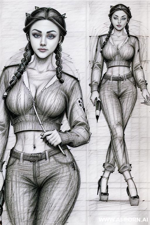 ((((medium shot)))) ((((in two panels))) ((((each panel a different pose sexy)))) ((((image comic-drawing pencil style)))) down level shot ((((landscape office)))) ((((security guard)))) ((((walking sexy - #main