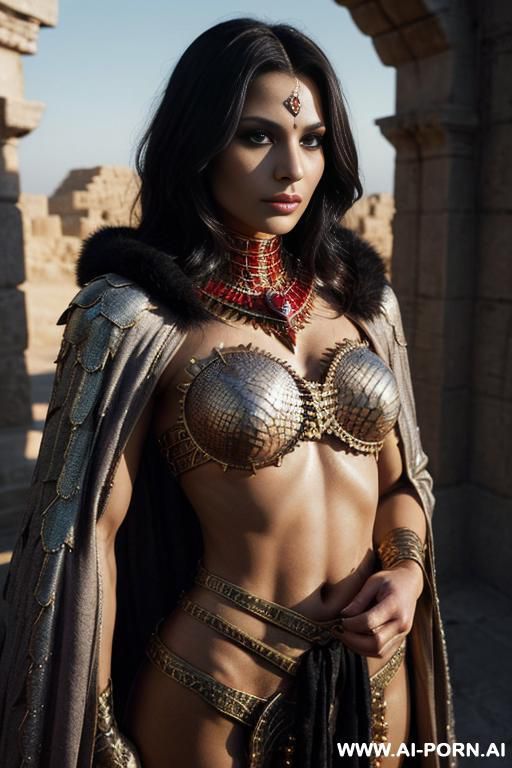 (dark sorceress), looking at viewer, (eye contact), ((topless)), arrogant posture, detailed face, (cruel looking face), ultra realistic, terrible eyes, (agressive shaded makeup), highly detailed skin, - #main