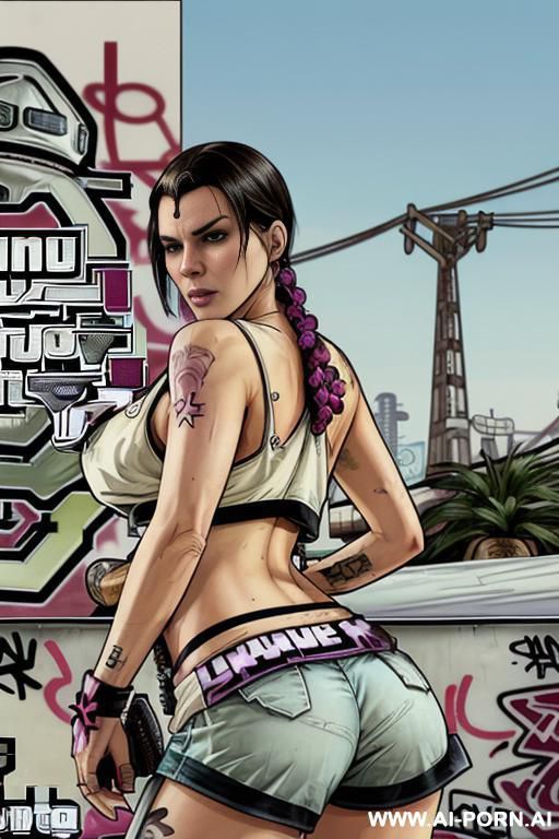 ((((image comic-drawing grand theft auto style)))) down level shot boobs in closedup ((((sky landscape)))) at the outdoor in the roller park ((((seductive gaze)))) from behind pretty italian woman - #main