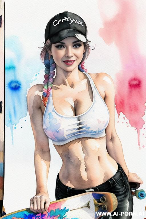 ((((at the street)))) ((((skate board)))) ((((image comic-drawing watercolor style)))) down level shot boobs in closedup, (((( gaze)))) pretty italian woman full lips smile bending over standing on - #main