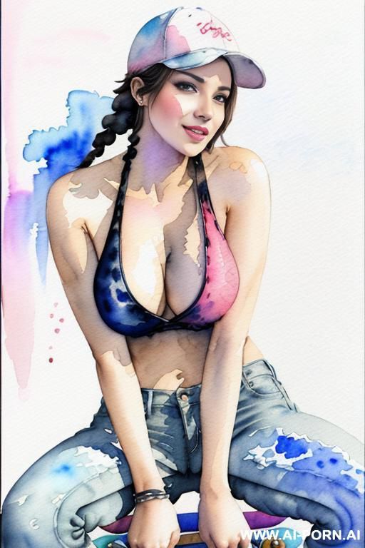 ((((at the street)))) ((((skate board)))) ((((image comic-drawing watercolor style)))) down level shot boobs in closedup ((((seductive gaze)))) pretty italian woman full lips smile shocked face bending - #main