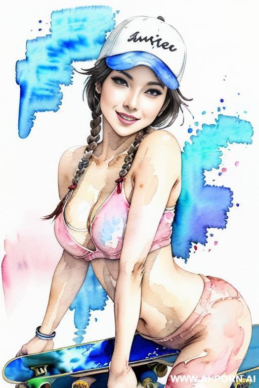((((at the street)))) ((((skate board)))) ((((image comic-drawing watercolor style)))) down level shot boobs in closedup (((( gaze)))) pretty japanese woman full lips smile bending over sitting on , - #main