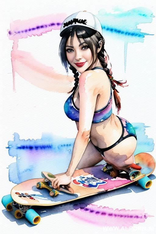 ((((skate board)))) ((((image comic-drawing watercolor style)))) (((( gaze)))) pretty japanese woman full lips smile bending over sitting on , short fitted low-rise panties, huge eyes, muscle fit , - #main